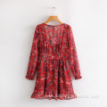 Women Clothing Flower Printing Loose Dress with Bow